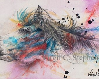 8x24 Horse Art Print | Colorful Modern Equine Drawing | Abstract Watercolor Horse Wall Decor | Contemporary Ranch Farmhouse Gift