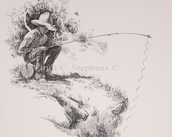 Fishing Art, Secret Spot, print from a pencil drawing, fishing art, camping artwork of a little boy fishing with his dog