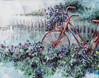12x24 Vintage Bicycle Flower Garden Art Print | Rustic Cottage Spring Wall Decor | Country Floral Fence Painting