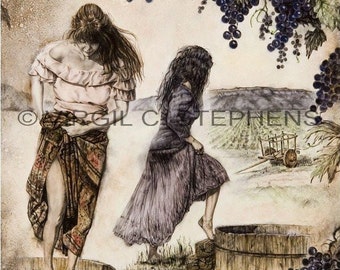 16x17, 20x22 Grape Stomping Art Print | Vineyard Wall Decor | Wine Making Country Art | Rustic Winery Kitchen Decor- Giclee Art Print
