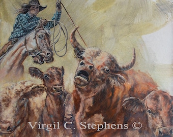 Cowgirl art, Pickin' Up The Heels, print from the original oil painting of a rodeo cowgirl roping cattle to brand