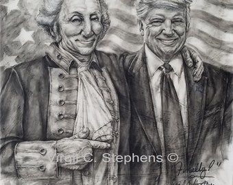Trump and George Washington Art Print–Patriotic Presidents Wall Decor–USA Political Charcoal Drawing–MAGA Founding Fathers Art–16x16, 23x23