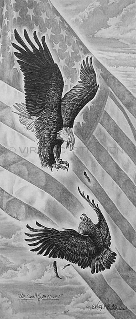 Eagle Art Będziemy Przezwyciężyć Ołówek Rysunek Orła I Hawk Fighting Z Amerykańską Banderą Macha W Tle Patriotycznych