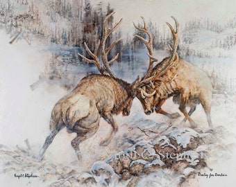 Elk, Dueling For Darlin's, print from my original oil painting of two bull elk fighting during rut. Rocky Mountain Elk