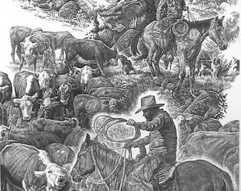 Cowboy Art, entitled, No Trail Too Rough, No Job Too Tough, drawing of a vertical cattle drive coming down the ridge, western art cowboy art