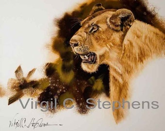 African Lion, entitled, African Queen, print from the original oil painting of an African female lion, lioness, South African cat