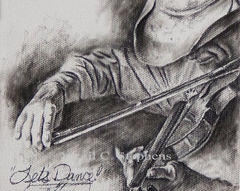 Fiddle Player, entitled, Let's Dance 6" x 6" x 1.5" gallery wrap on canvas Original Drawing of a fiddle player, fiddling cowboy