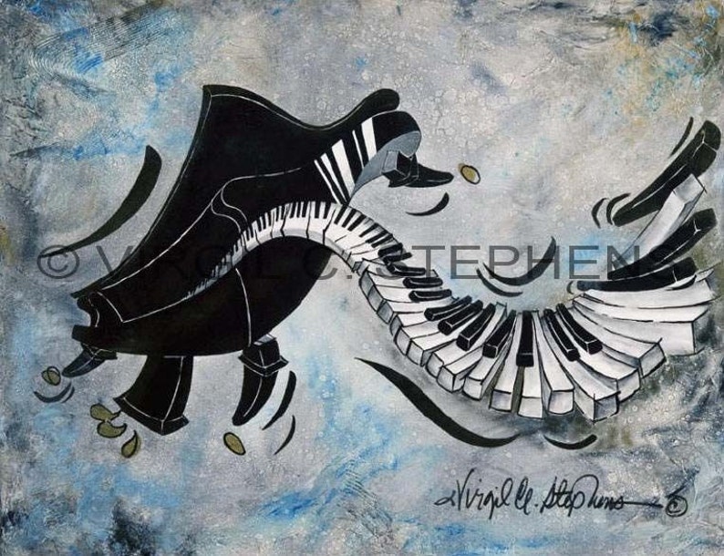 Midnight Madness, original oil painting on canvas of a piano with dancing keys coming off of it. piano art, musical artwork, abstract painting, dancing keys from piano