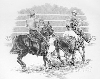 Team Roping, drawing of rodeo cowboys team roping at the rodeo, western cowboys, western drawing