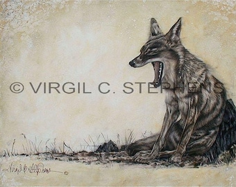 11x14, 18x23 Coyote Art Print | Western Wildlife Wall Decor | Rustic Coyote Drawing for Cabin or Lodge | Wild Animal Nature Art