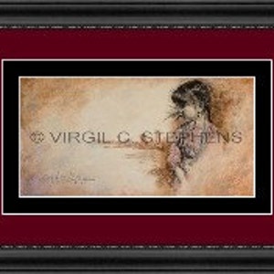 May include: A watercolor painting of a woman's face with a soft, ethereal background. The woman's hair is dark and flowing, and her eyes are closed. The painting is signed "Virgil C. Stephens" in the bottom right corner.