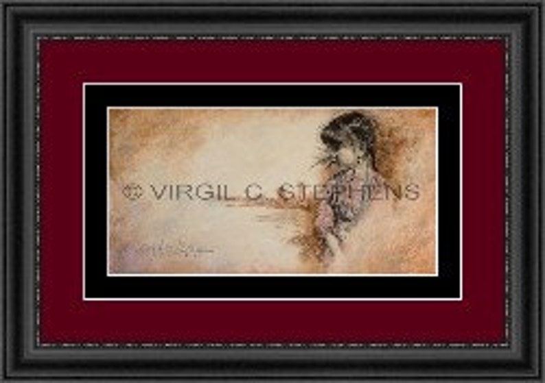 May include: A watercolor painting of a woman's face with a soft, ethereal background. The woman's hair is dark and flowing, and her eyes are closed. The painting is signed "Virgil C. Stephens" in the bottom right corner.
