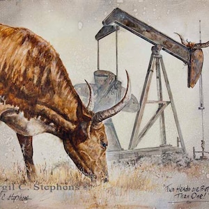 Cattle art, Two Heads Are Better Than One, of a pump-jack with longhorns attached,  and a longhorn cow, oil and gas artwork, texas art