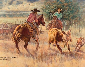 Cowgirl art, Just Another Two Step Country Morning, print of a ranch cowgirl and cowboy roping a cow, ranch artwork, western print, giclee