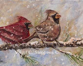 Bird art, Backyard Buddies, limited edition print of cardinals on branch in the wintertime. Red birds, bird artwork, Midwestern  scene