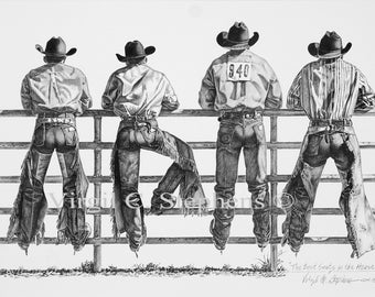 Cowboy art, The Best Seats In The House, 11x16 pencil drawing of 4 rodeo cowboys on the fence, western rodeo cowboys, black and white art