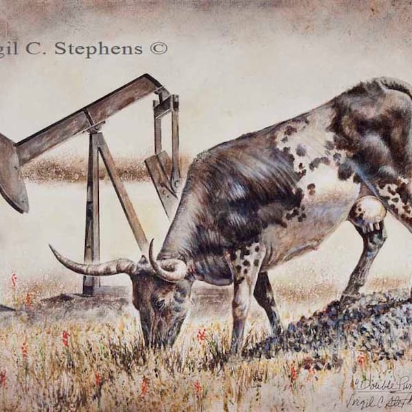 Oil and Gas, Cattle, Texas, Double Pumper, print of a pump-jack and a longhorn cow that have something in common, oil and gas