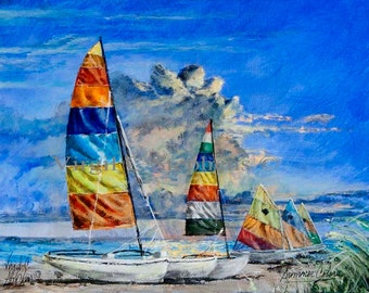 Sailboat art, Summer Colors,  print from the original oil painting, of sailboats on the beach, beach art, ocean art, sunfish cottage art