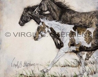 16x16, 23x23 Horse Art Print | Running Wild Horses Painting | Rustic Western Wall Decor | Country Ranch Horse Lovers Gift