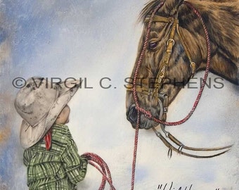 Cowboy Art, entitled Kid Horse, print from the original oil painting of a young cowboy trying to rope his horse.