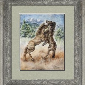 May include: A watercolor painting of two brown horses rearing up on their hind legs in a field with a mountain range in the background. The horses are facing each other and appear to be fighting. The painting is signed by the artist, "Ray D. Johnson".