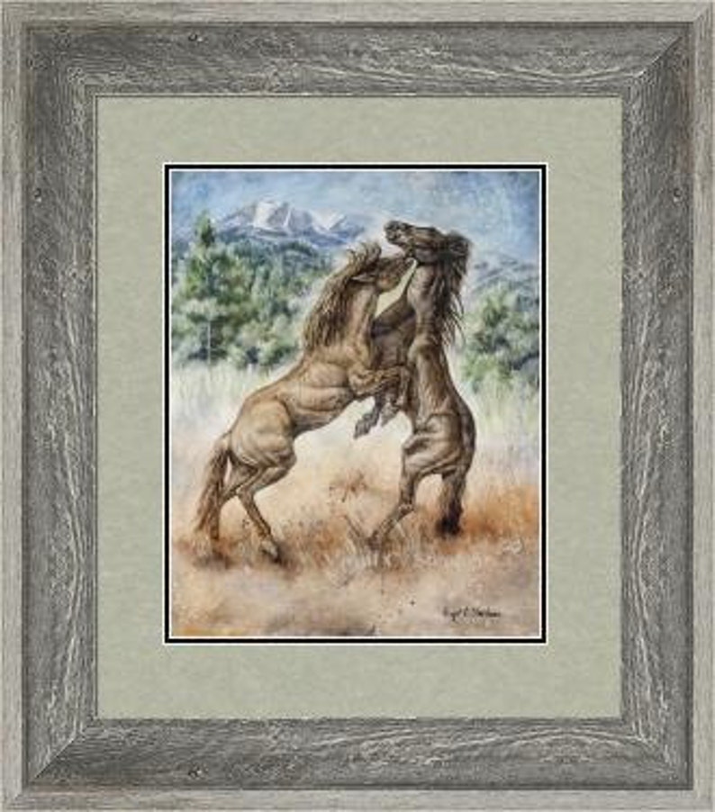May include: A watercolor painting of two brown horses rearing up on their hind legs in a field with a mountain range in the background. The horses are facing each other and appear to be fighting. The painting is signed by the artist, "Ray D. Johnson".
