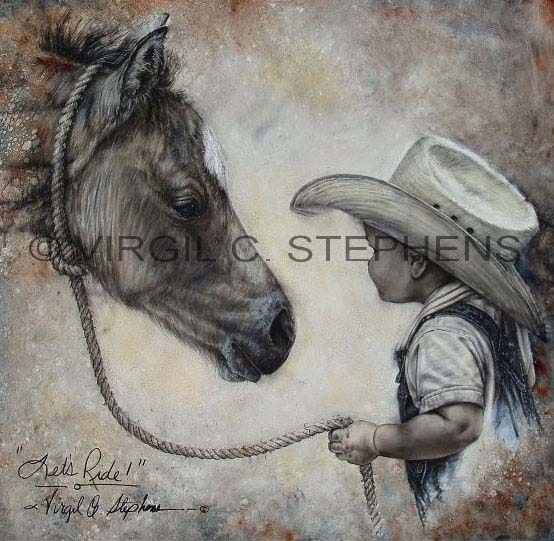 cowboy art, Lets Ride, print from my original oil painting of a little boy and his horse Rowdy