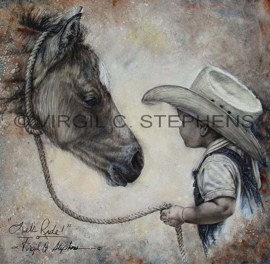 cowboy art, Lets Ride, print from my original oil painting of a little boy and his horse Rowdy