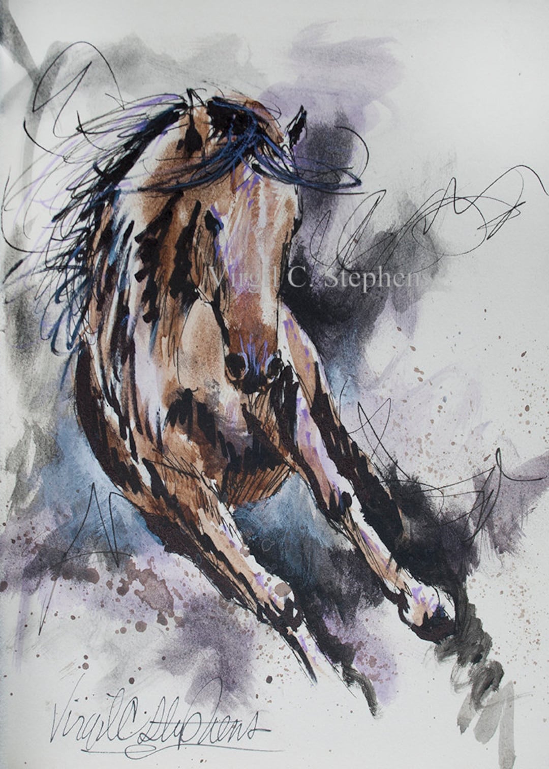 HORSE 油絵アート 11x15 Horse Art Print | Wild Mustang Watercolor Sketch | Rustic