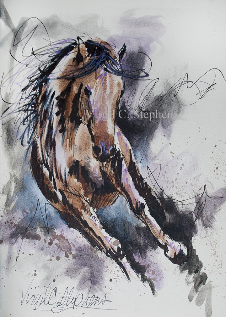 HORSE 油絵アート 11x15 Horse Art Print | Wild Mustang Watercolor Sketch | Rustic