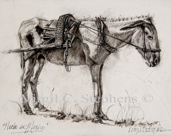 Rustic Donkey Sketch Wall Art Print – Mexican Ranch Decor – Western Cowboy Pencil Drawing – Vintage Style Farm Animal Art – 9"x12"