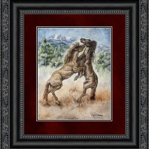 May include: A watercolor painting of two brown horses rearing up and fighting in a field with a mountain range in the background.