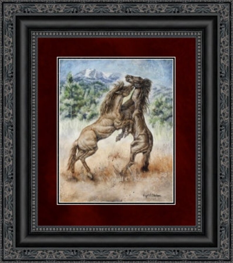 May include: A watercolor painting of two brown horses rearing up and fighting in a field with a mountain range in the background.