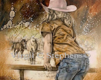 Cowgirl art, Coming For Kisses, cowgirl artwork, little girl and her horses, equine art, horse artwork, little cowgirl western print