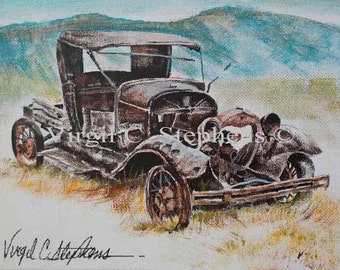 Old Car, Back In Time, original acrylic painting 6 x 8 on canvas board, of an old car, car artwork, antique car