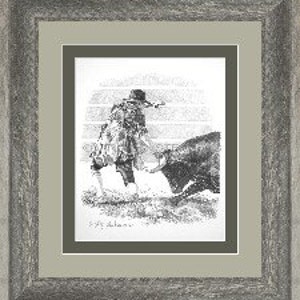 Bull Fighting, drawing of a rodeo cowboy fighting the bull at the rodeo, western cowboys, western drawing image 4