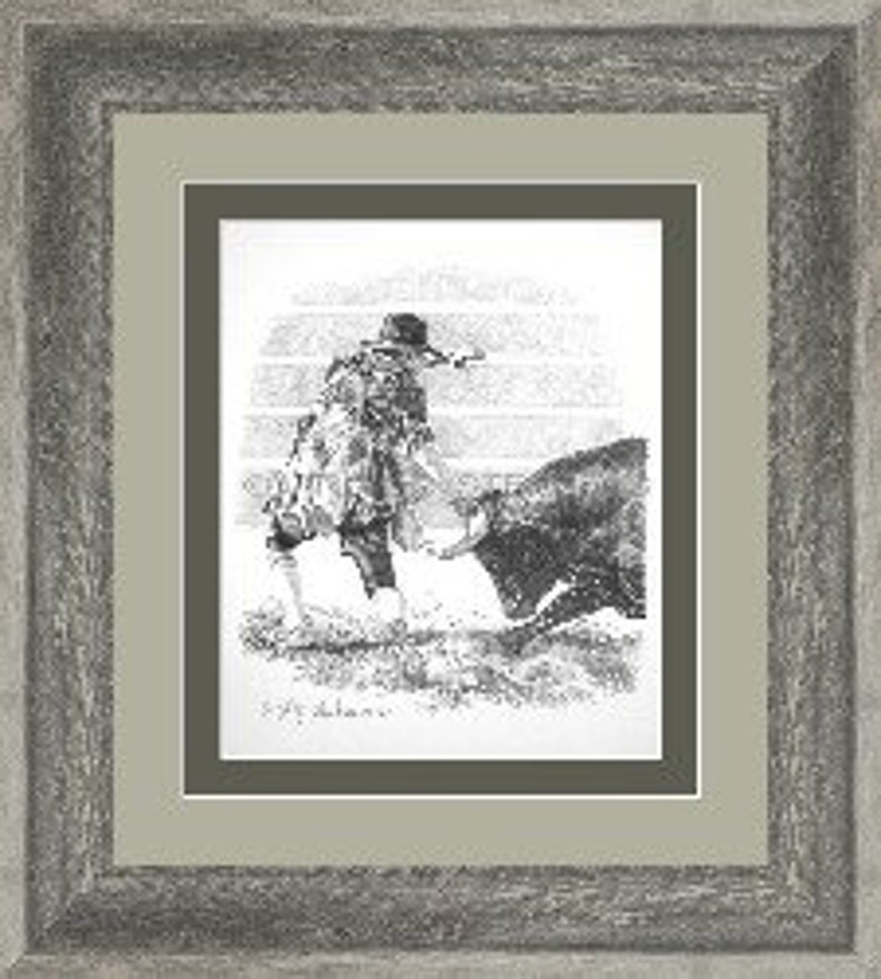 Bull Fighting, drawing of a rodeo cowboy fighting the bull at the rodeo, western cowboys, western drawing image 4