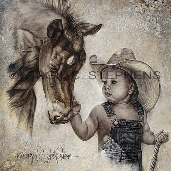 Cowboy art, In The Beginning, print of a little boy and his new colt, little cowboy and baby horse, western art, cowboy artwork