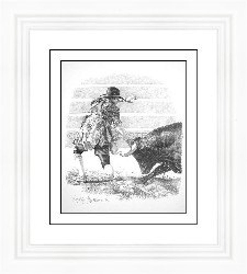 Bull Fighting, drawing of a rodeo cowboy fighting the bull at the rodeo, western cowboys, western drawing image 2