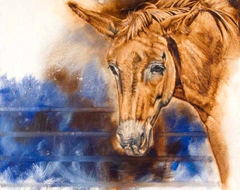Mule Art, Reds Got The Blues, original oil painting of my mule Big Red, mule art, mule painting, ranch artwork