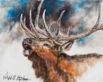 Elk art, Looking For Love, print from my original acrylic painting of an elk bugling during the rut, Rocky Mountain Elk
