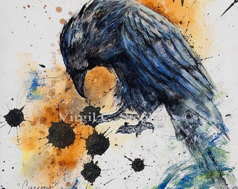 Raven art, Curious, print from my original oil painting of a Pine Raven looking down, black bird, crows, artwork of a Raven