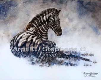 Zebra painting, African wildlife entitled Serene On The Serengeti, print of a zebra on the Serengeti in South Africa Zebra laying down