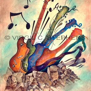 May include: Abstract painting of guitars morphing into colorful shapes and musical notes on a textured background. The painting is signed "Morph" by Virgil C. Stephens.