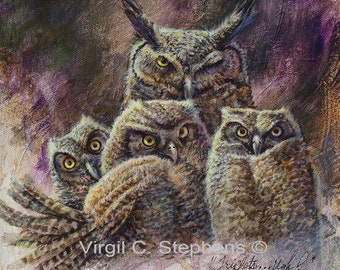 Owl art, Triplets, 14 x 14 open edition of owls, art of owl, wildlife bird art print of a family of owls, giclee print