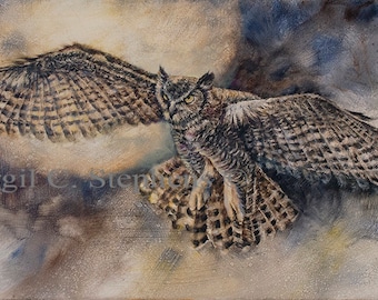 Owl art, Air Raid, print from my original oil painting of an Owl in flight, owls, art of owl, wildlife bird art