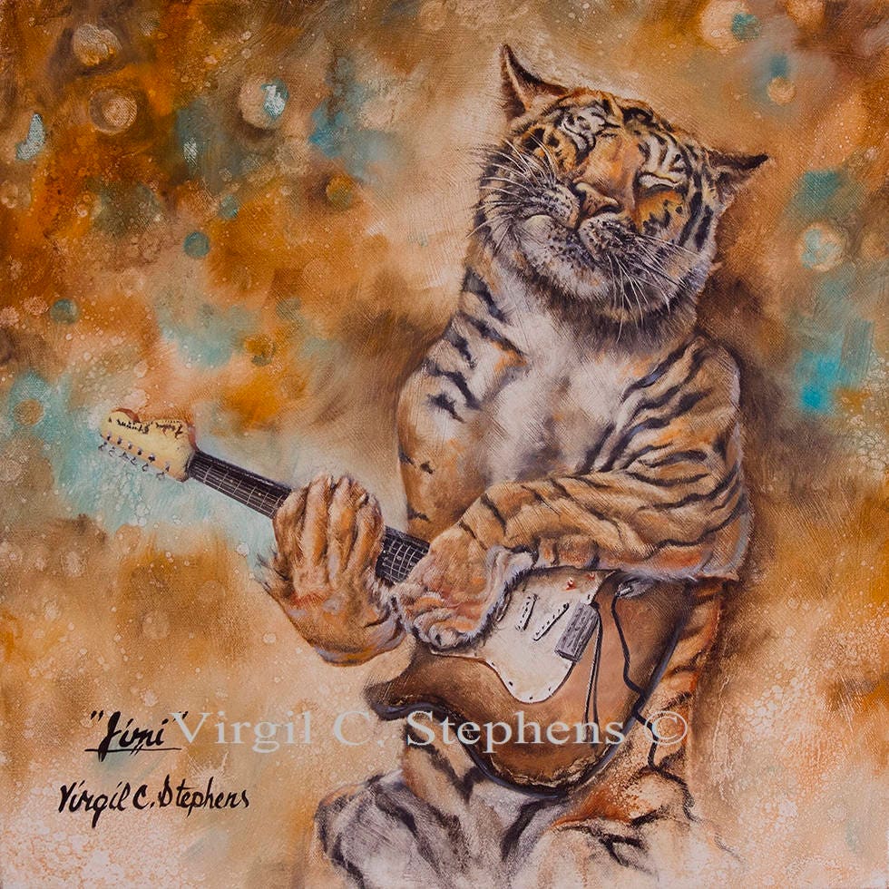 16x16, 23x23 Funny Rock Guitar Tiger Art Print | Wild Animal Music