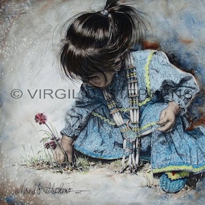 May include: A young girl in a blue dress with beaded jewelry is kneeling down and looking at a pink flower. The background is a light gray with a textured look.