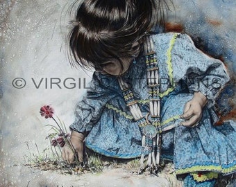 Native American art, In My Garden, print of a young Apache girl picking a flower from her garden, Mescalero Apache tribe, Indian artwork