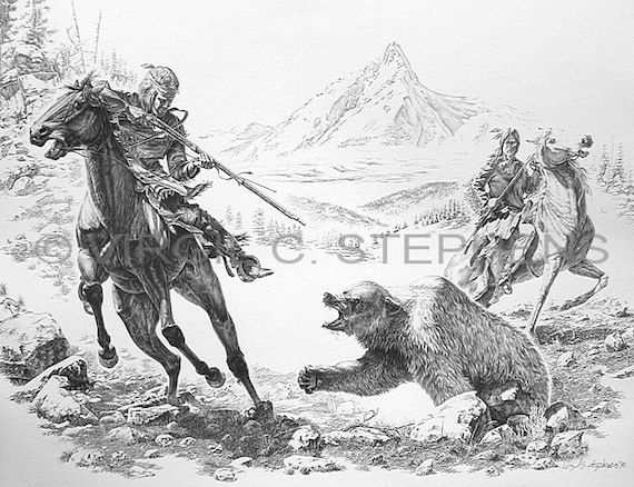 Native American Art, Impressions of the West, Drawing of a Native American  Historic Piece. Bear Hunt, American History Art -  Canada